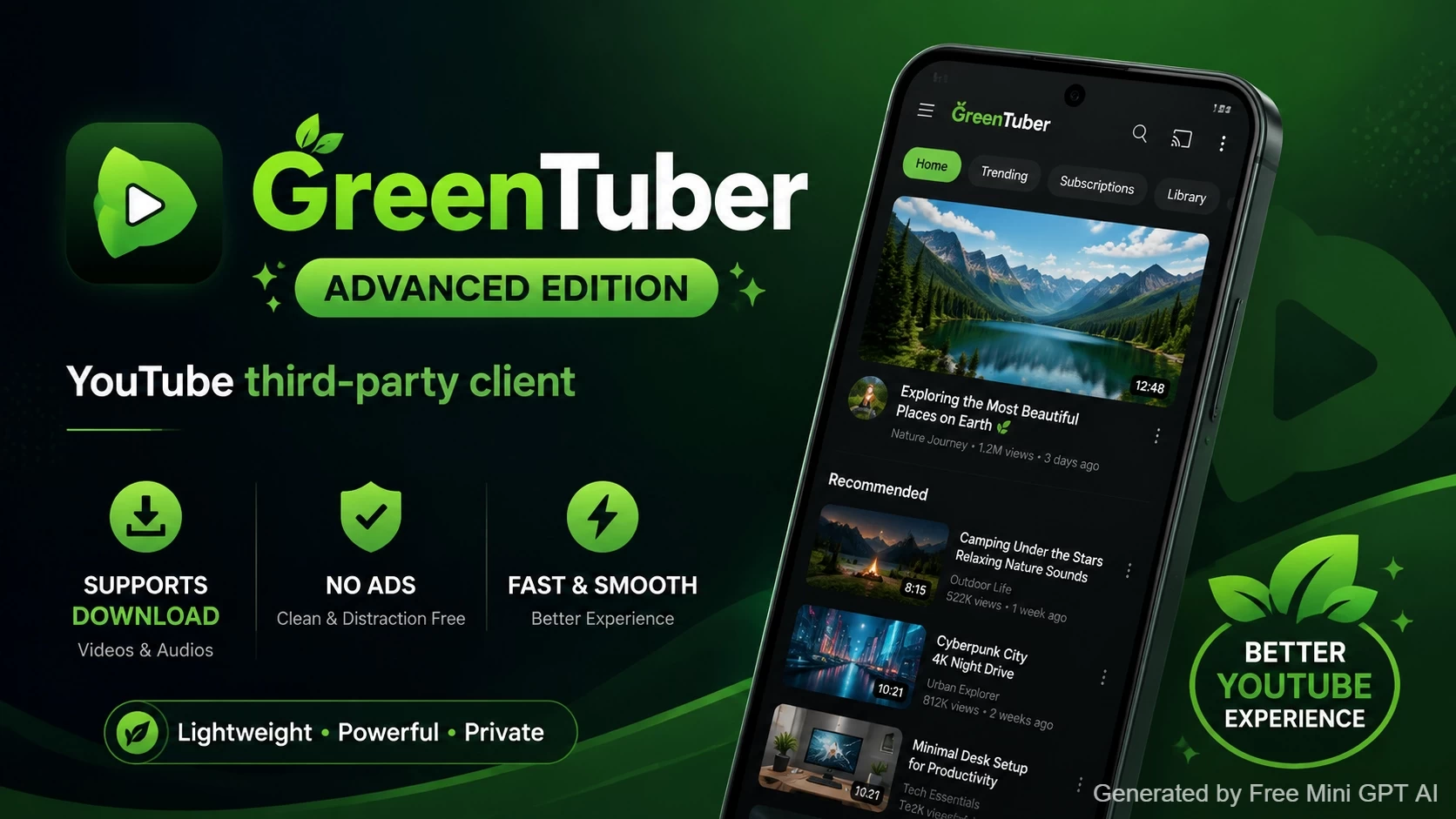 GreenTuber v0.1.9.6 高级版下载 - YouTube第三方客户端/支持下载/无广告