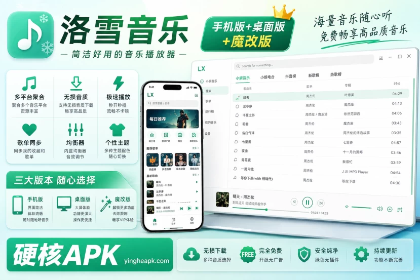 洛雪音乐  手机版+桌面版+魔改版 🎵 目前最强免费音乐软件，支持无损下载